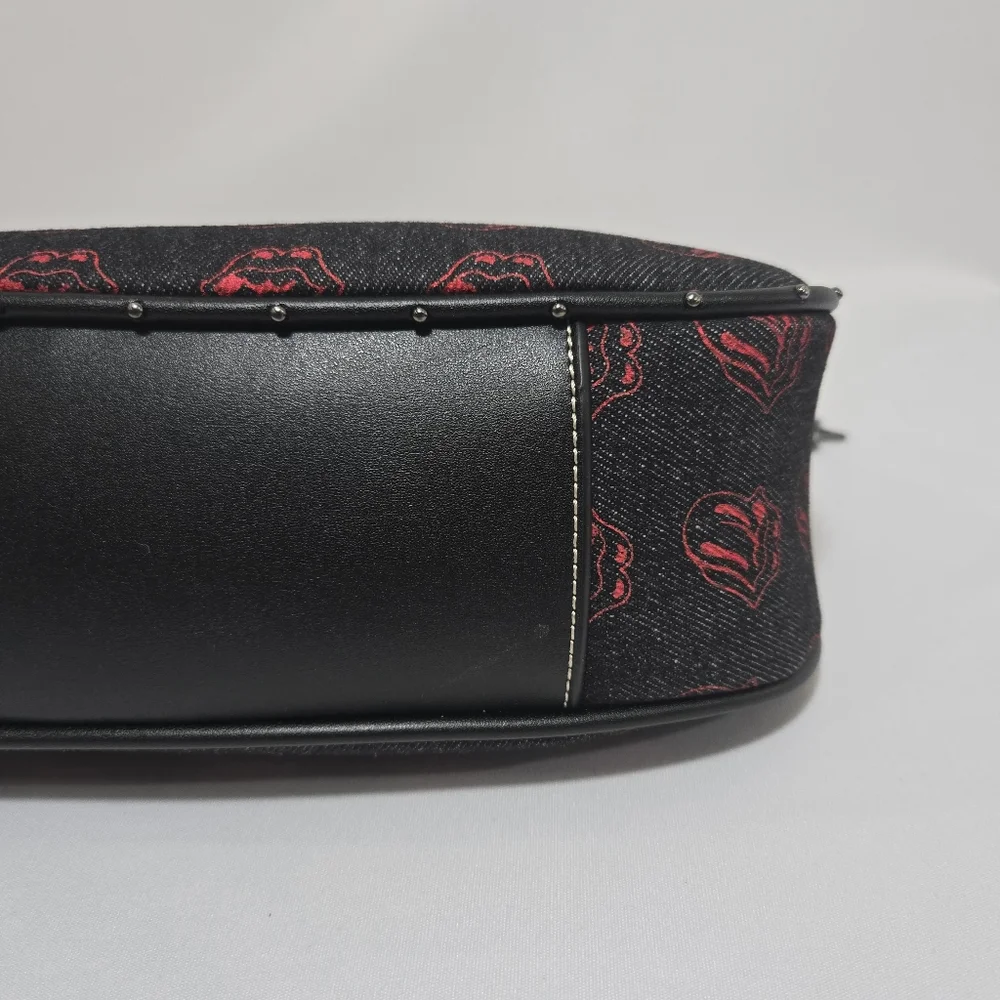The Rolling Stones All-Over Tongue Logo Black Denim Small Hobo Bag